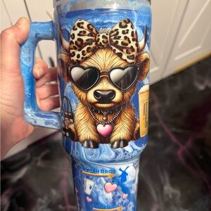 Blue Glitter Swirl Dutch Bros Coffee Highland Cow Handmade Tumbler Cup 40 oz